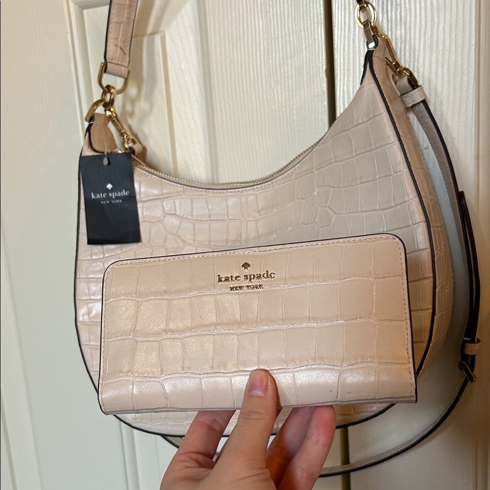 Kate Spade Beige Croc-Embossed Hobo Bag and Wallet